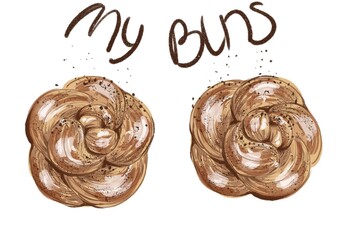 Drawing of delicious fresh buttery wholesome baking two flower shaped buns and lettering my buns illustration 