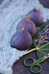 Fresh ripe figs on the table with flowers of lavender. Flat lay. Top view. 