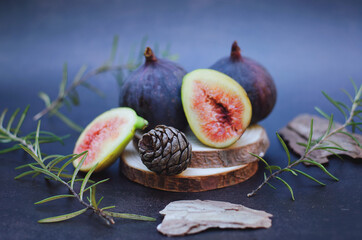 Fresh ripe figs on the table. Flat lay. Top view. 