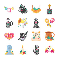 Mexican day of dead detailed style collection of icons vector design