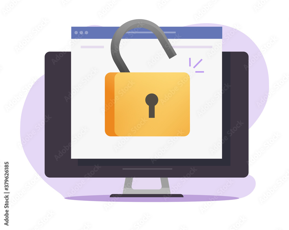 Poster unlocked web access online computer with open padlock vector, pc internet insecure or theft idea fla