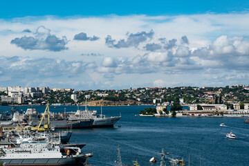 Fototapeta na wymiar Panoramic view of the seaport with ships.