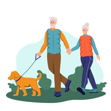 recommend clip art: Elderly couple walking their dog in the Park.The concept of active old age. Day of the elderly. Flat cartoon vector illustration.