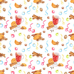 Seamless pattern with watercolor mulled wine ingredients: oranges, anise stars, pepper and cinnamon sticks.