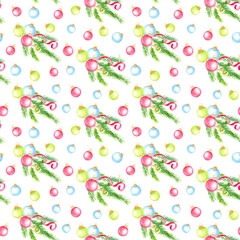 Seamless pattern with fir tree branches,  christmas balls and ribbons. Christmas background.