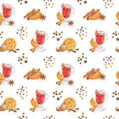 Seamless pattern with watercolor mulled wine ingredients: oranges, anise stars, pepper and cinnamon sticks.