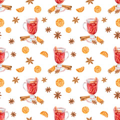 Seamless pattern with watercolor mulled wine ingredients and hot drink.
