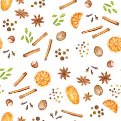 Watercolor seamless pattern with anise stars, oranges, cinnamon sticks and mulled wine. Christmas background.
