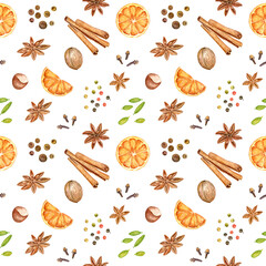 Seamless pattern with watercolor mulled wine ingredients: oranges, anise stars, pepper and cinnamon sticks.