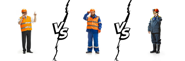 Group of people with different professions isolated on white studio background, horizontal. Modern workers of diverse occupations, compare of builder versus miner, engineer, architector.