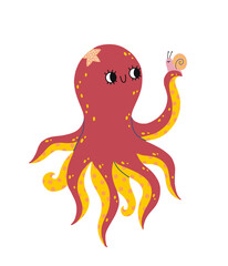 A cute smiling octopus holds a snail in its tentacle. Children's illustration with funny sea animals. Vector illustration.