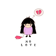Cute kawaii girl with big red balloon like heart. She is angry,her balloon burst and heart is broken. Great illustration for your Valentines day design.