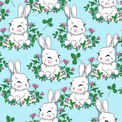 Seamless Pattern Rabbit Hand Drawn Bunny and clover print design rabbit background Seamless Print Design Textile for Kids Fashion vector