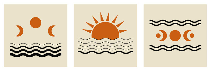 Modern abstract set aesthetic backgrounds with moon phases, sun and geometric waves. Wall decor in boho style. Mid century minimalist art print. Vector design © Elena