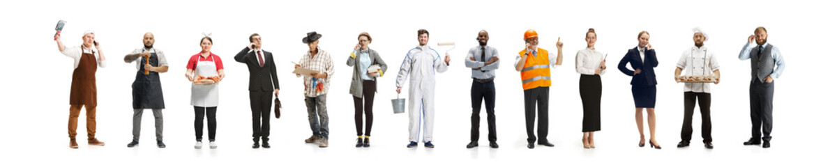 Group of people with different professions isolated on white studio background, horizontal. Modern workers of diverse occupations, male and female models like accountant, businessman, butcher, baker.