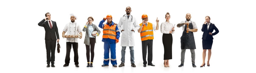 Group of people with different professions isolated on white studio background, horizontal. Modern workers of diverse occupations, male and female models like accountant, businessman, butcher, baker.