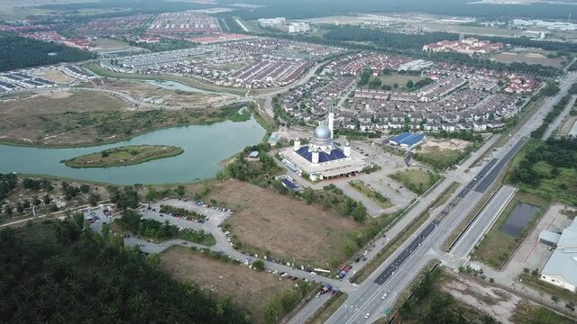 Aerial view Abdullah Rahim Mosque in evening.