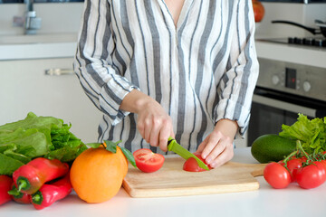 Cropped shot of unrecognizable woman cutting various fruits, vegetables, herbs and greens at her kitchen. Professional cook slicing ingredients. Vegan food concept. Close up, copy space, background.