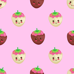 Kawaii vector Strawberry cartoon characters. Summer illustration in cute cartoon style designed in seamless pattern on light pink background. Adorable menu design, fabric print. Fruits in chocolate.