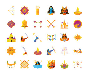bundle of icons of the dussehra festival in white background