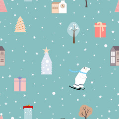 Vector seamless cartoon cute ornaments on blue pastel colour, Kawaii pattern with Christmas decorations, Christmas tree, polar bear, gift box and house flat cartoon design