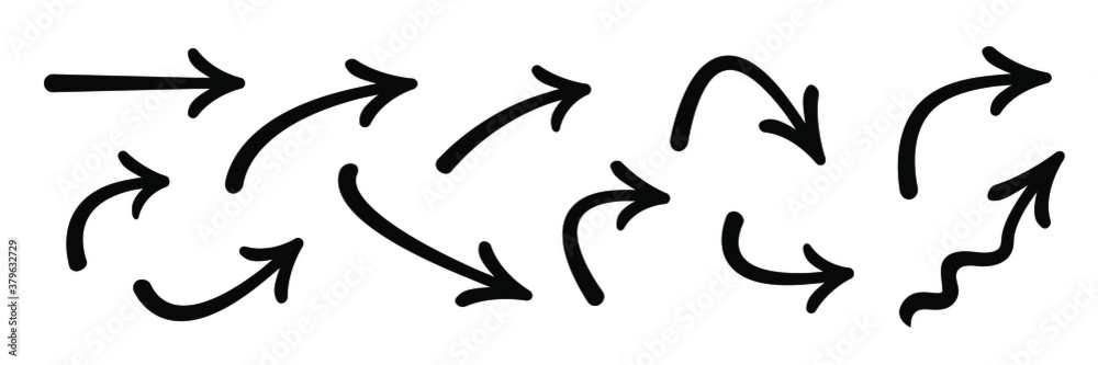 Wall mural hand drawn curved arrows . sketch doodle style. collection of vector pointers.