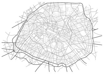 Paris France monochrome line city map. Plan of streets, urban background. Vector scheme with separated layers. - obrazy, fototapety, plakaty
