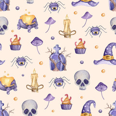Seamless pattern with Halloween elements. Watercolor hand drawn