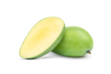 Green mango with cut in half isolated on white background. Clipping path.