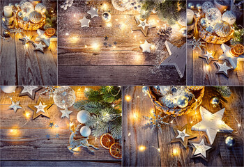 Collage mix set of Christmas decoration in vintage style at old wooden board with star snowflake and balls.