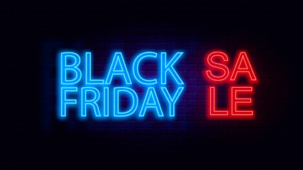 Neon sign on brick wall background, Black Friday sale, blue and red neon lettering, vector illustration