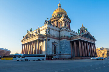 Saint Petersburg. Russia. St. Isaac's Cathedral side view. Buses on the background of St. Isaac's Cathedral. Bus tours of St. Petersburg. Guide. Petersburg on a summer day. Russia europe.