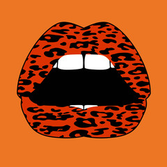 Design for a shirt of a leopard print lips on orange background