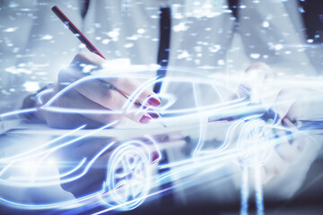 Tech autopilot theme hologram over woman's hands taking notes background. Concept of hightech....