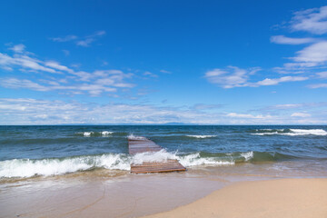 Obraz premium Lake Baikal. Wooden boat dock in the bay of the village of Goryachinsk, Buryatia, Russia.