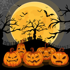 Jack O’ Lanterns or pumpkins banner In Spooky Night - Happy Halloween