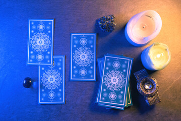 Tarot cards on stone table background. Future reading.