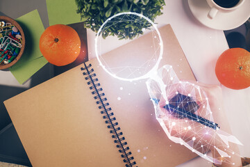 Start up creative drawing over close up hands in notepad background. Concept of brainstorming. Double exposure