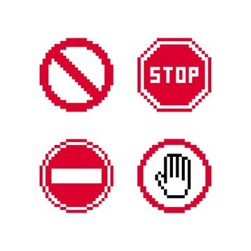 Pixel art 8-bit road prohibiting sign set. Stop signs on white background - editable isolated vector illustration