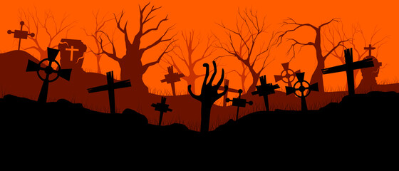Happy Halloween banner. Holiday event halloween banner background concept. Template for advertising brochure. Composition of silhouettes.  illustration.