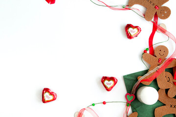 Christmas flat lay on white background with ginger man decorations