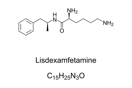 Lisdexamfetamine, chemical structure. A medication and derivative of amphetamine. A central nervous system stimulant, used in the treatment of ADHD and binge eating. Illustration over white. Vector.