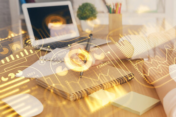 Tech theme hologram over woman's hands taking notes background. Concept of hightech. Double exposure