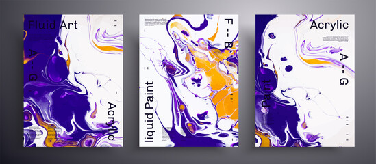 Abstract vector banner, pack of modern design fluid art covers. Trendy background that can be used for design cover, poster, brochure and etc. Navy blue, white and orange creative iridescent artwork