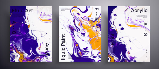 Abstract vector banner, pack of modern design fluid art covers. Trendy background that can be used for design cover, poster, brochure and etc. Navy blue, white and orange creative iridescent artwork