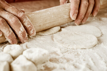 hands kneading dough, baker, the Baker's hands, dough, hands in the flour, dumplings, handmade dumplings, ravioli