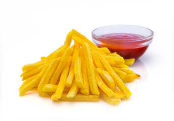 French fries isolated on white background, served with red tomato sauce in glass bowl. Fried potatoes with sauce. Side view of Fast food dish. Menu isolation.