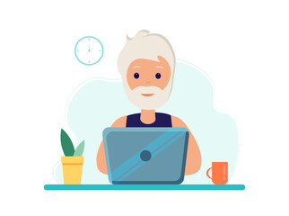 An elderly man at a laptop. Home office during coronavirus outbreak concept, old man works from home. Vector illustration in flat style. Stay at home