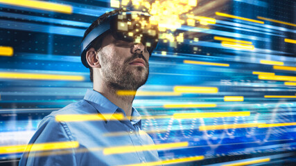 Caucasian Male IT Server Specialist Wearing Futuristic VR Helmet and Working in Data Center. Concept Shot of High-Speed Internet Visualization and Data Transferring Lines in the Foreground
