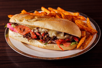 Philly steak and cheese sandwich with fries